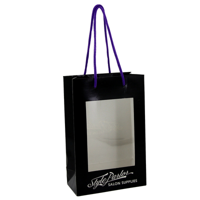comprar Las compras de papel negras impresas empaquetan bolsos de empaquetado de la ventana del regalo con las manijas al por mayor online manufacture